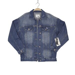 YMI Women's Distressed Oversized Denim Jacket Blue Long Sleeve Button Up Size‎ S